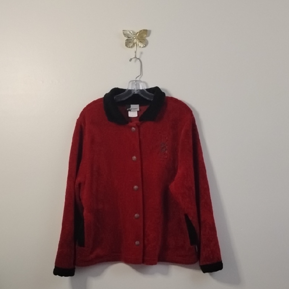 Vintage Artisans Women's Red Holiday Pinecone Sweater Jacket with Black Trim - Picture 2 of 13
